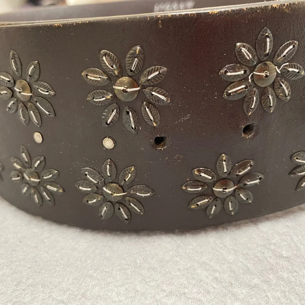 Jigsaw Dark Brown Leather Wide Floral Studded Boho Western Belt S Distressed
